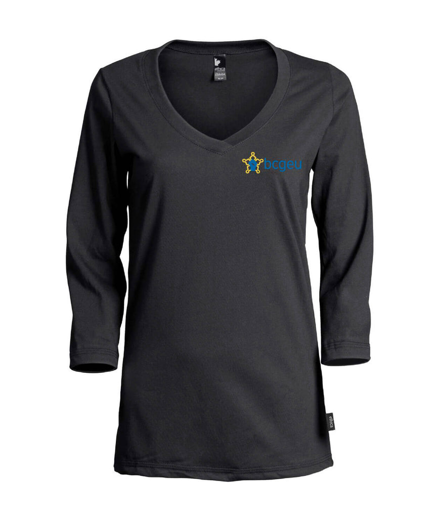 Women’s V-neck ¾ sleeve T-Shirt (BCGEU fist logo)